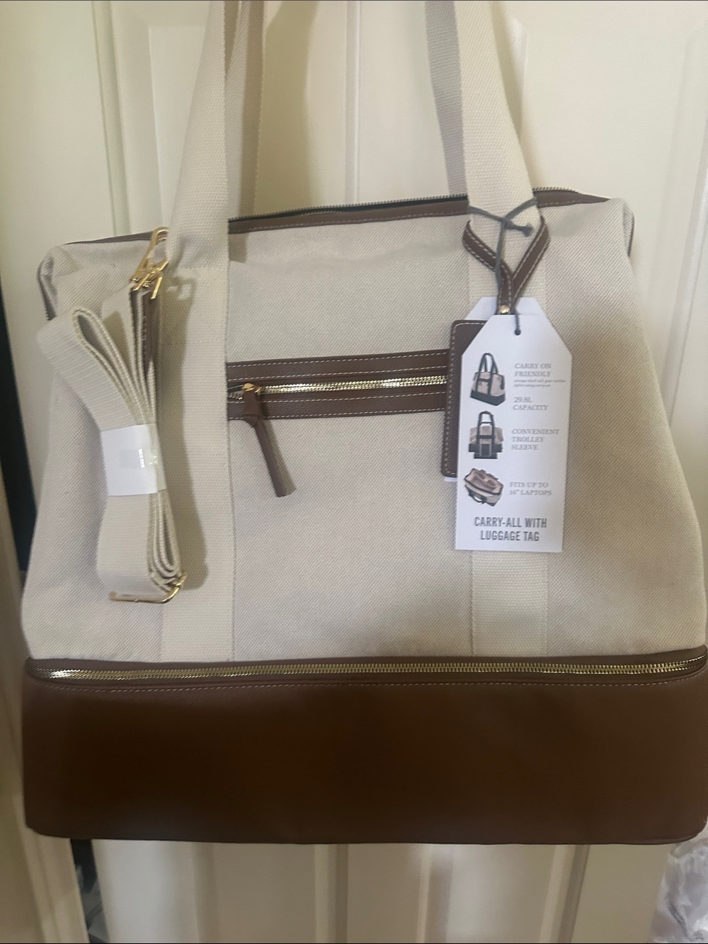 Martha Stewart Cream Canvas Tote with Brown Trim and Gold Hardware